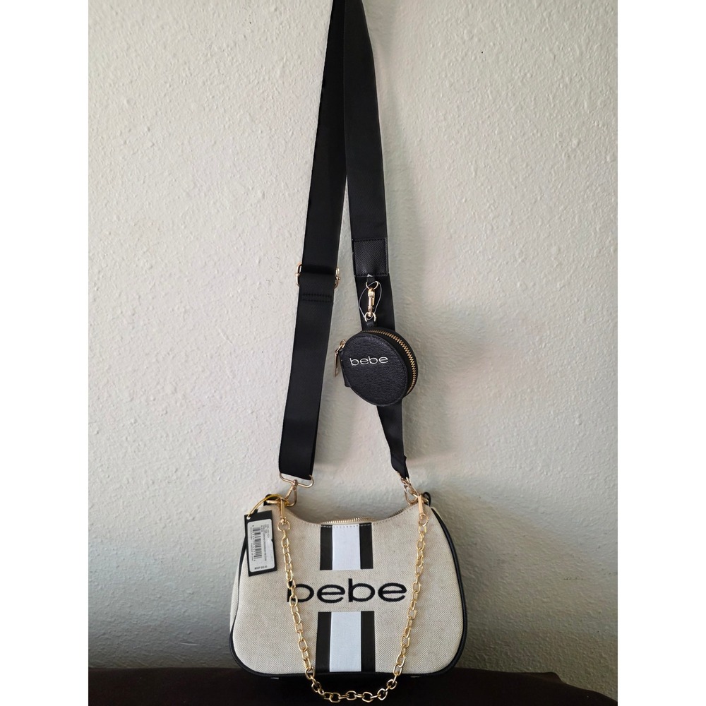 Bebe Paisley Canvas Crossbody Bag Cream Black Gold Chain Logo‎ E02-4511CV NEW